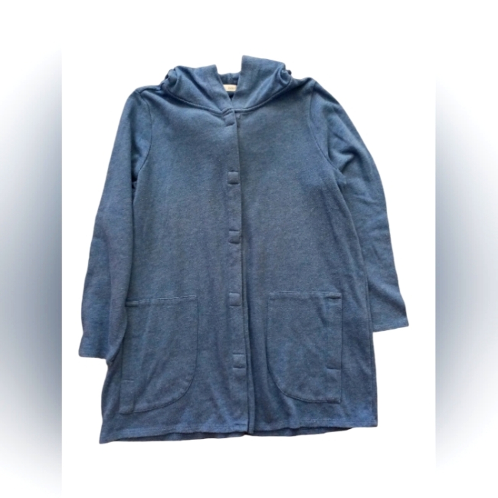 J.Jill-Pure Jill Button Snap Hoodie Jacket Blue Long Knit Pockets. Size M